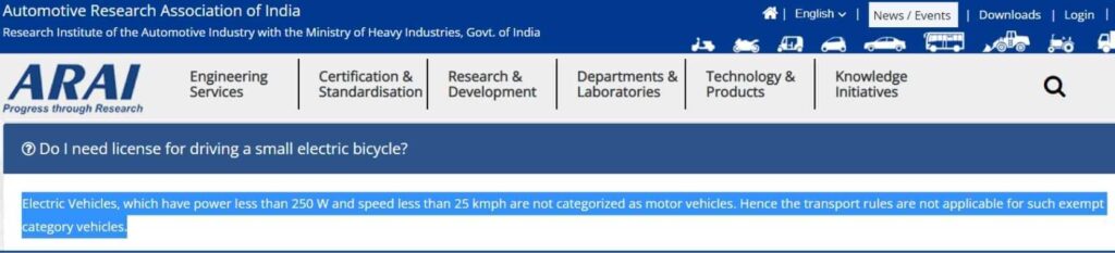 ARAI rules for ebike license 